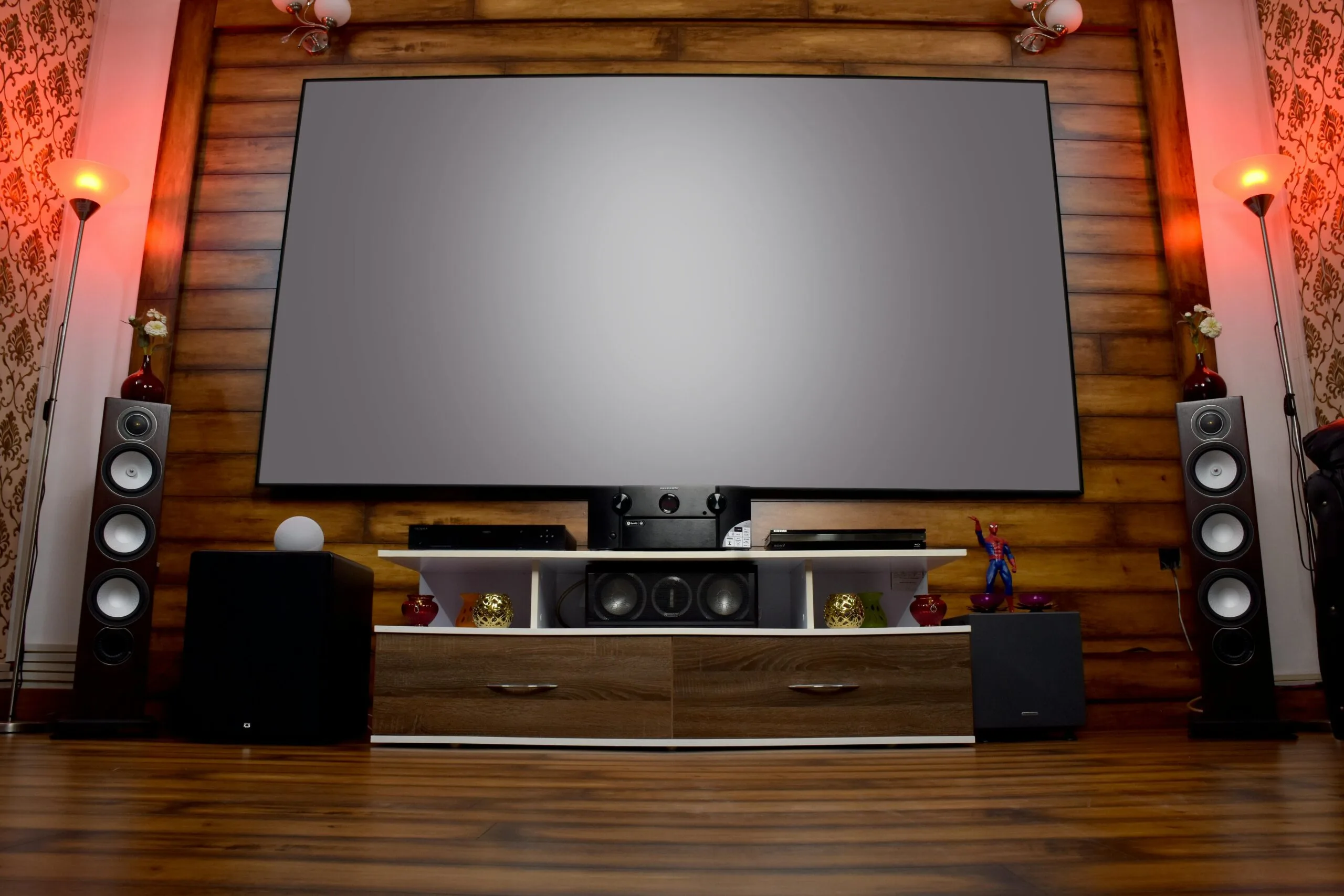 Modern home theater system with surround sound and large screen