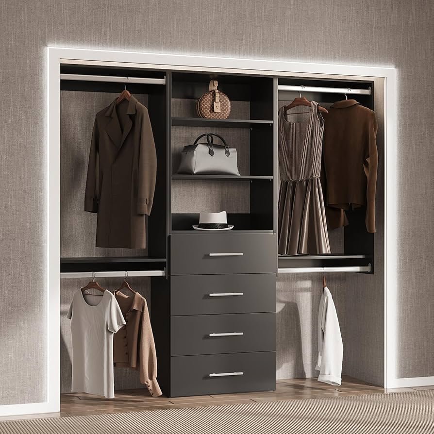 A modular closet organizer with labeled storage compartments